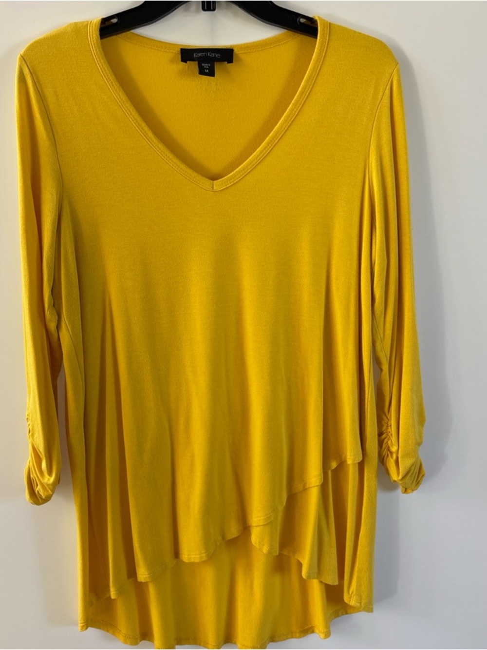 Karen Kane Women's Yellow High Low Tiered 3/4 Sleeve Shirt, Medium